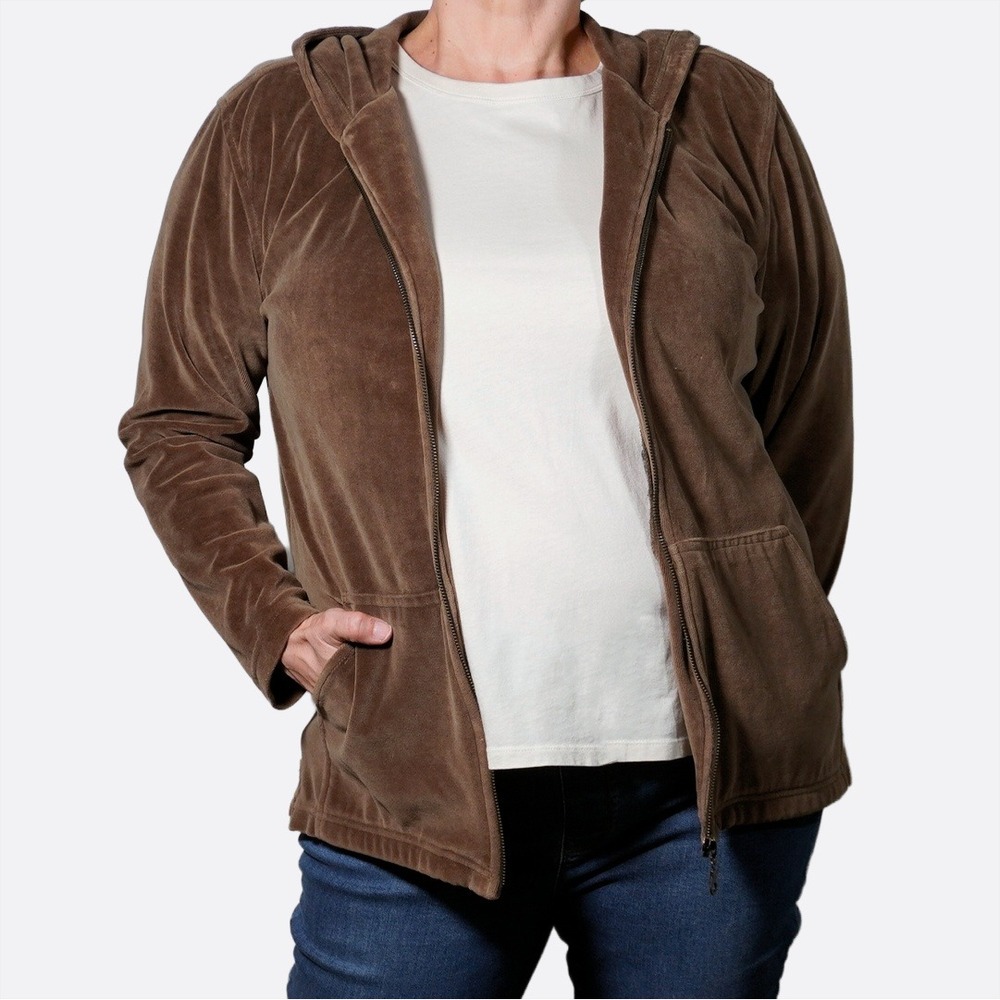 Cotton‎ Couture Velour Zip Up Hoodie Brown Soft Velvet Jacket Large